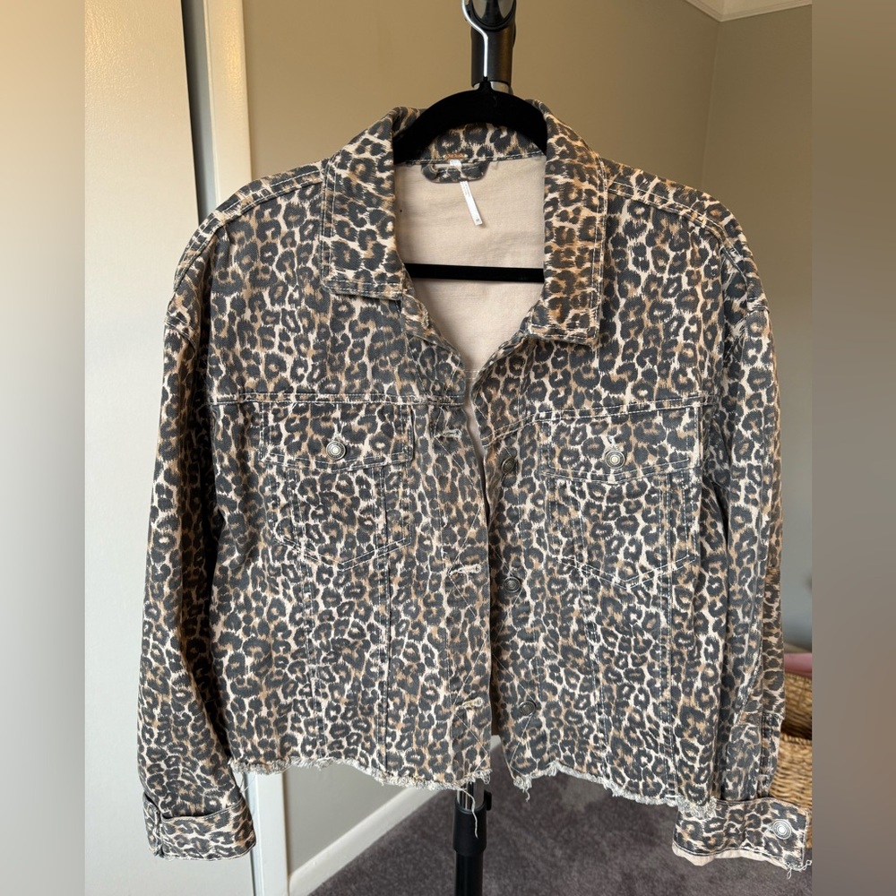 Free people leopard print denim jacket